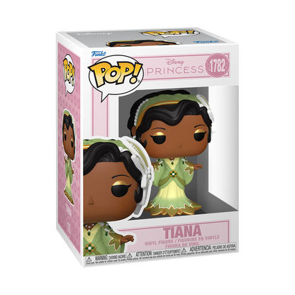Funko Pop! Disney Tiana vinyl figure wearing a green and gold lily pad-inspired gown, gold jewelry, and a floral headpiece.