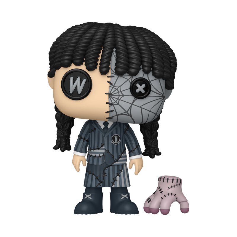 Funko Pop! Wednesday Addams Patchwork vinyl figure featuring button eyes and braided hair standing next to a stitched Thing figure.