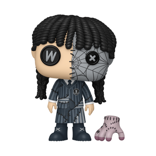 Funko Pop! Wednesday Addams Patchwork vinyl figure featuring button eyes and braided hair standing next to a stitched Thing figure.