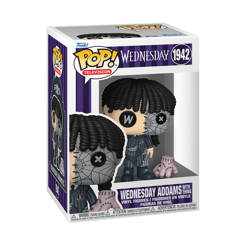 Funko Pop! Wednesday Addams Patchwork vinyl figure featuring button eyes and braided hair standing next to a stitched Thing figure.