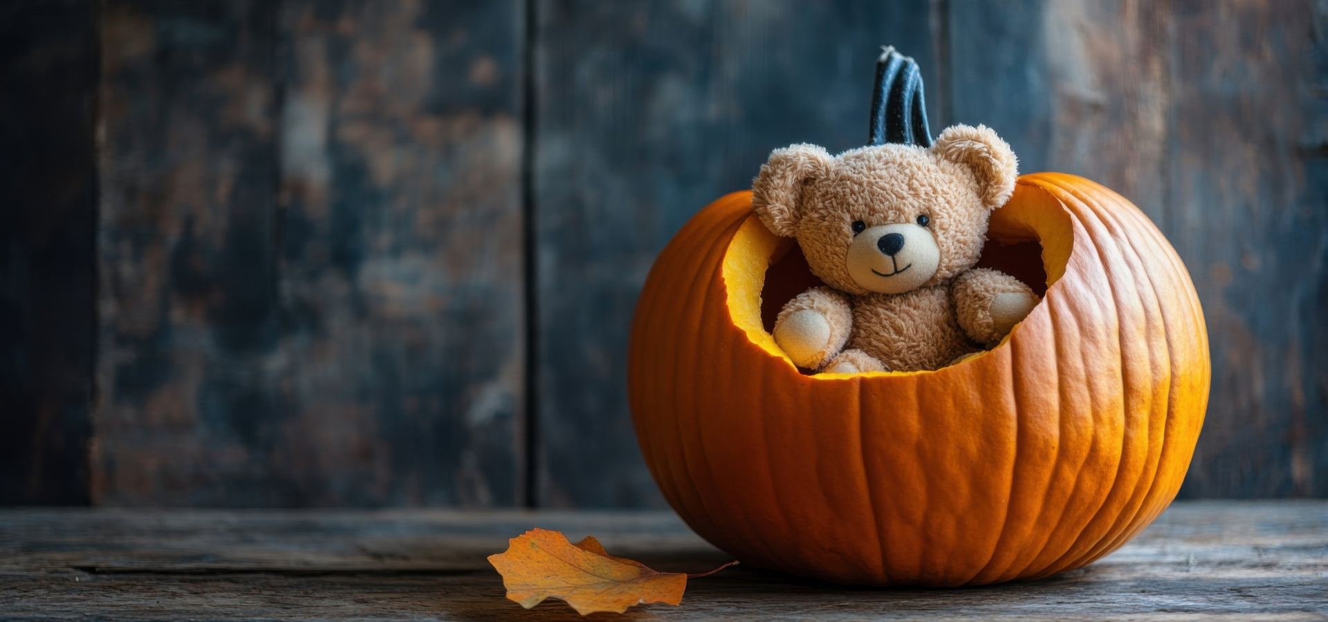 Teddy bear inside a carved pumpkin on a wooden surface with a dark background