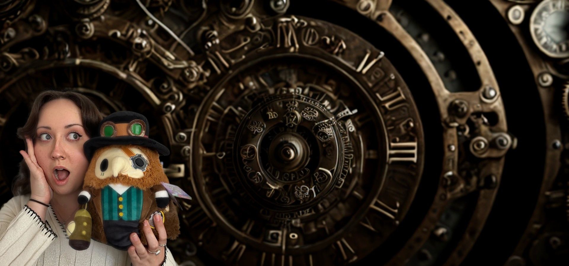 Squishable Canada Steampunk Plague Doctor being held by woman with ancient clock in the background