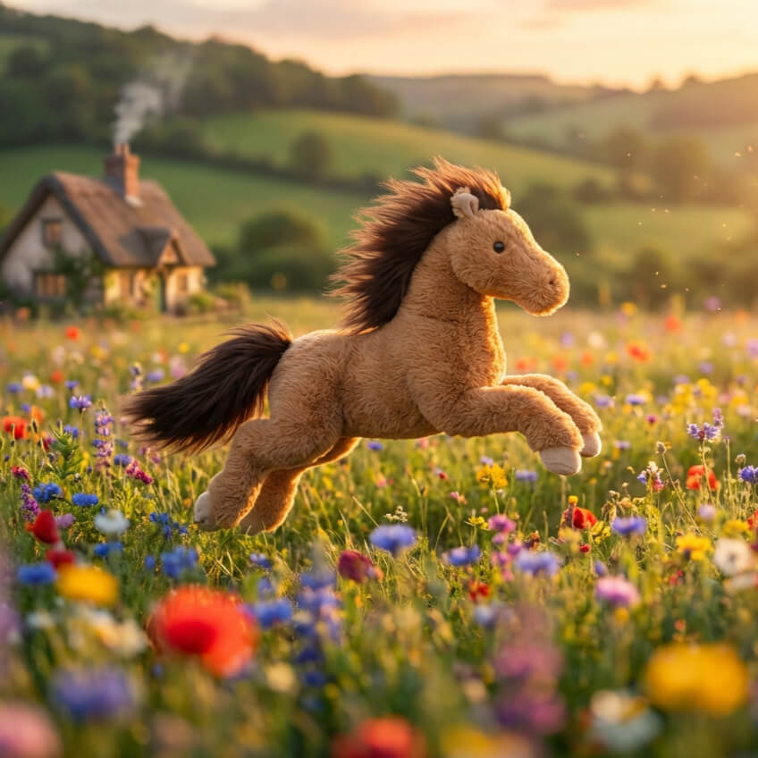 Bukowski Bears Tristan plush horse laying down, featuring a soft tan coat and long dark brown mane and tail.