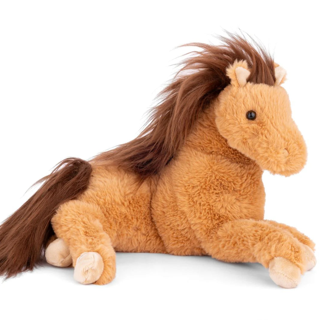 Bukowski Bears Tristan plush horse laying down, featuring a soft tan coat and long dark brown mane and tail.