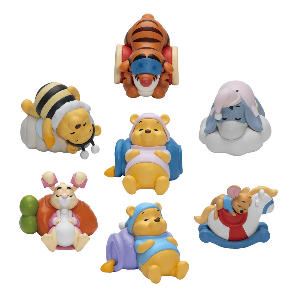 Beast Kingdom Mini Egg Attack Winnie the Pooh Sweet Dreams series figures including Pooh, Tigger, Eeyore, Piglet, Rabbit, and Roo sleeping.