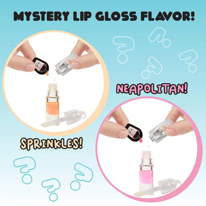 Promotional graphic for mystery lip gloss flavor with question marks and text on a blue background.