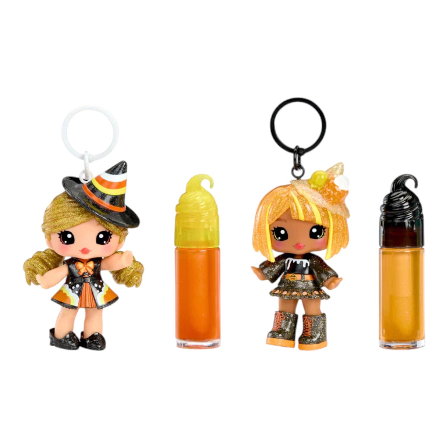 Set of Alt Text: Yummiland Blair Treats Halloween Lip Gloss Doll with DIY Kit keychains and lip balms on a white background