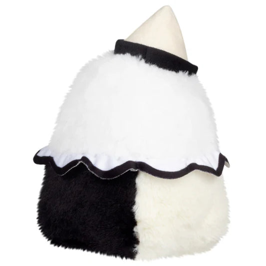 Black and white plush toy with a cone-shaped top on a white background