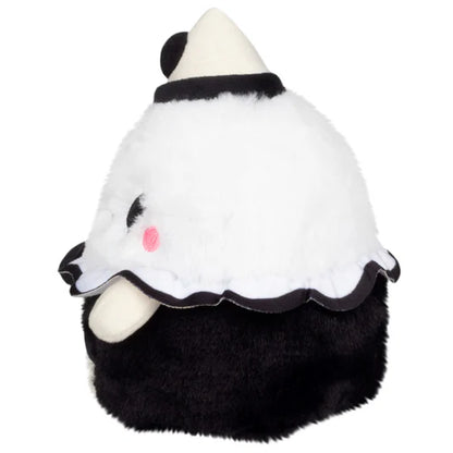 Plush toy resembling a ghost with black and white color scheme on a white background