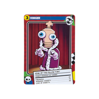 Card featuring a cartoon character labeled 'Kinger' with a red curtain background