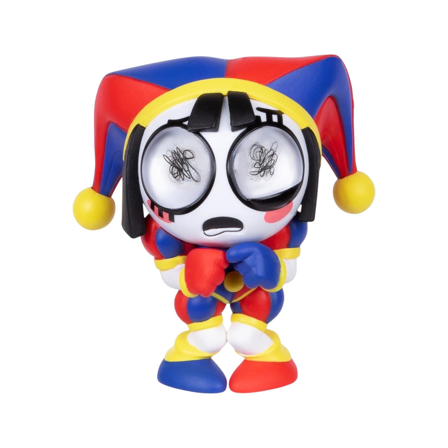 The Amazing Digital Circus 4-inch Pomni vinyl figure featuring jittery eyes and a collector card