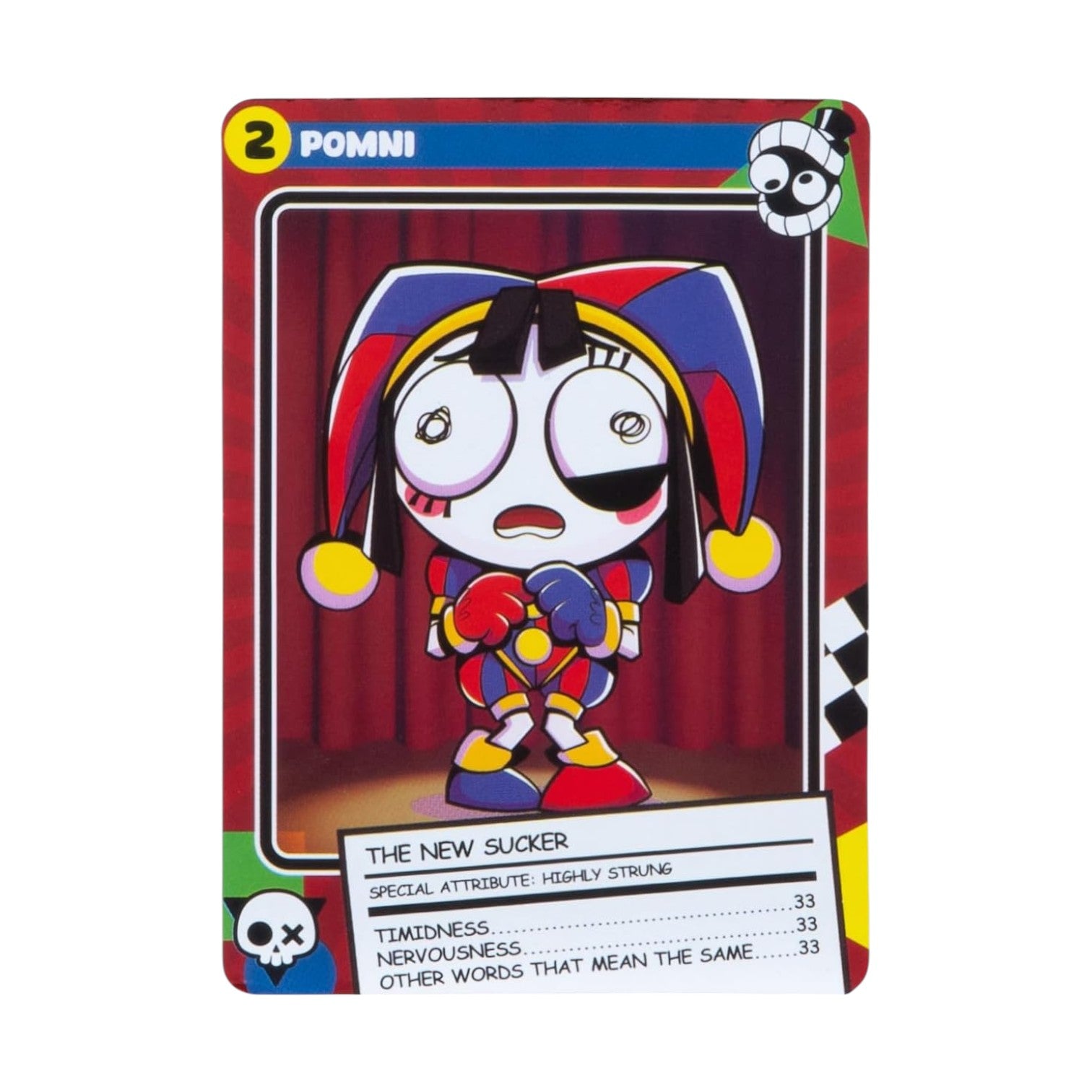 Cartoon character card with colorful design on a white background
