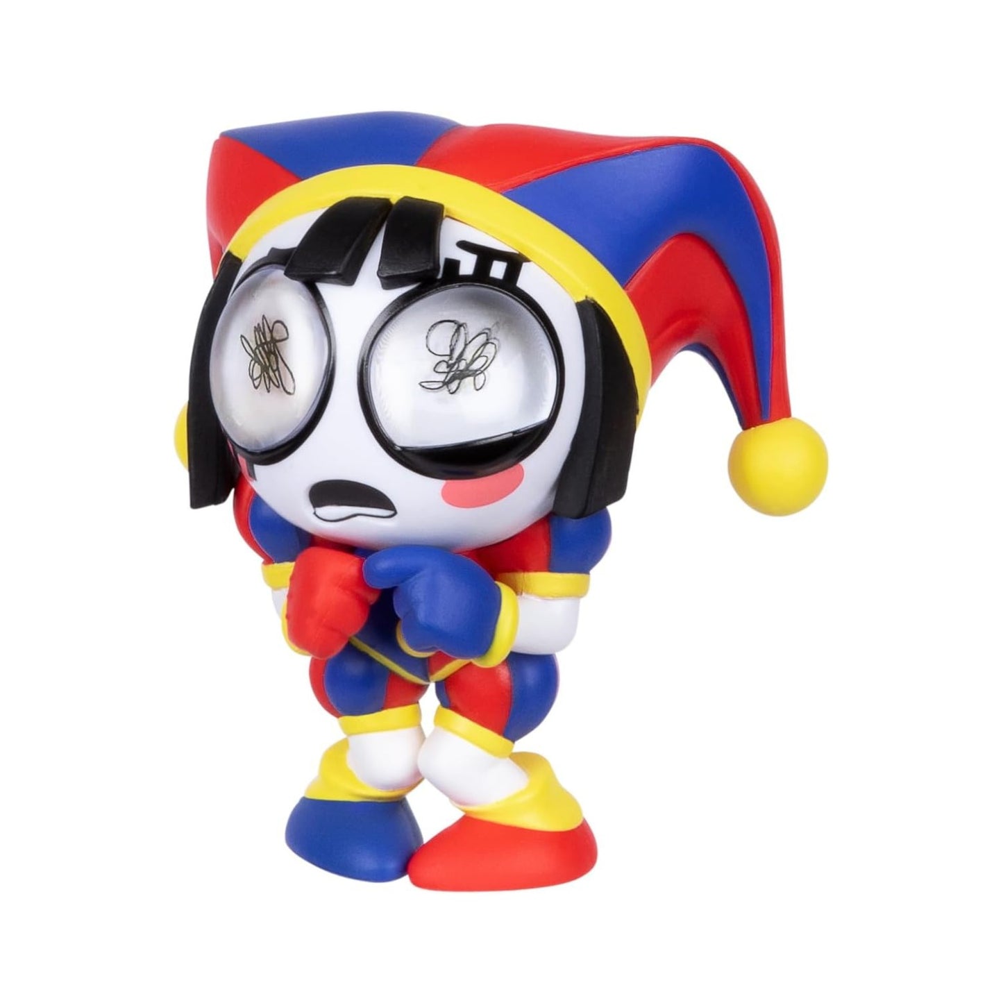 The Amazing Digital Circus 4-inch Pomni vinyl figure featuring jittery eyes and a collector card