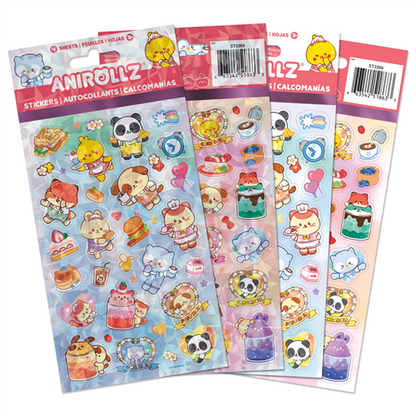 Four sheets of officially licensed Anirollz stickers, featuring two holographic and two standard sheets with cute animals and food themes.