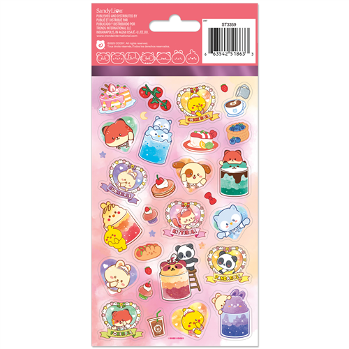Sheet of colorful stickers with cartoon characters and food illustrations on a pink background.