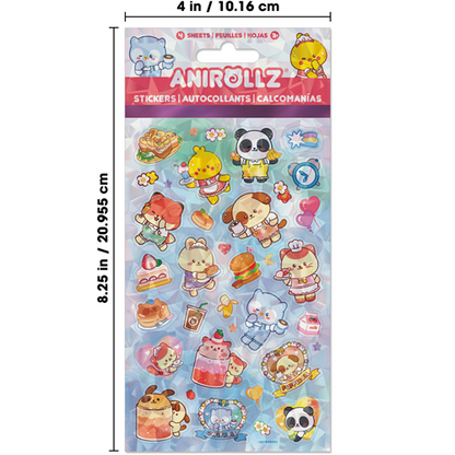 Sheet of colorful stickers with cartoon characters and food items, featuring the brand 'Anirollz'.
