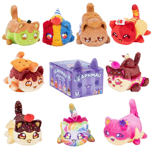 An assortment of nine different Aphmau Carnival Treats MeeMeow plush cat toys (Caramel Apple, Lollipop, Party Hat, Onion Ring, S'mores, Ice Cream Sundae, Chocolate Banana Split, Rainbow Swirl, Frosted Cookie) surrounding a closed purple mystery box featuring Aphmau branding.