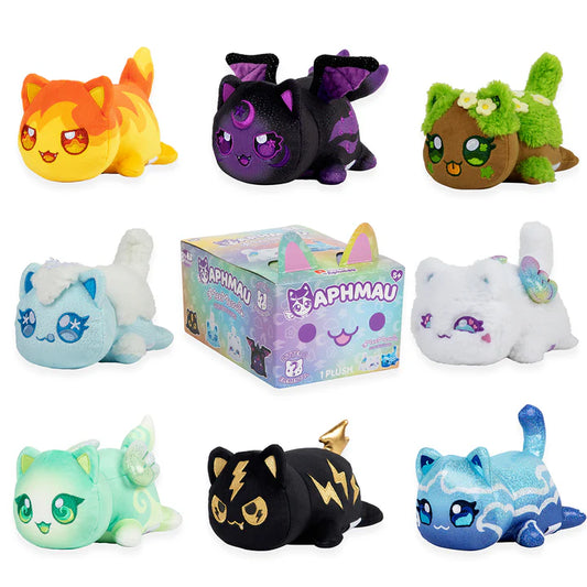An assortment of eight different Aphmau Elemental MeeMeow plush cat toys (Fire, Dark, Earth, Ice, Light, Air, Lightning, Water) surrounding a closed mystery box featuring Aphmau branding and question marks.