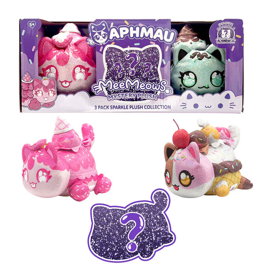 Packaging for Aphmau MeeMeows Sparkle Ice Cream 3 Pack Mystery Plush Collection, showing Sparkle Strawberry Cat, Sparkle Mint Chip Cat, and a purple glitter question mark indicating the mystery plush. Below are the plush toys outside the box.