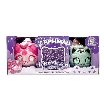 Packaging for Aphmau MeeMeows Sparkle Ice Cream 3 Pack Mystery Plush Collection, showing Sparkle Strawberry Cat, Sparkle Mint Chip Cat, and a purple glitter question mark indicating the mystery plush. 