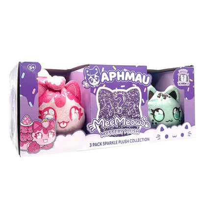 Packaging for Aphmau MeeMeows Sparkle Ice Cream 3 Pack Mystery Plush Collection, showing Sparkle Strawberry Cat, Sparkle Mint Chip Cat, and a purple glitter question mark indicating the mystery plush. 