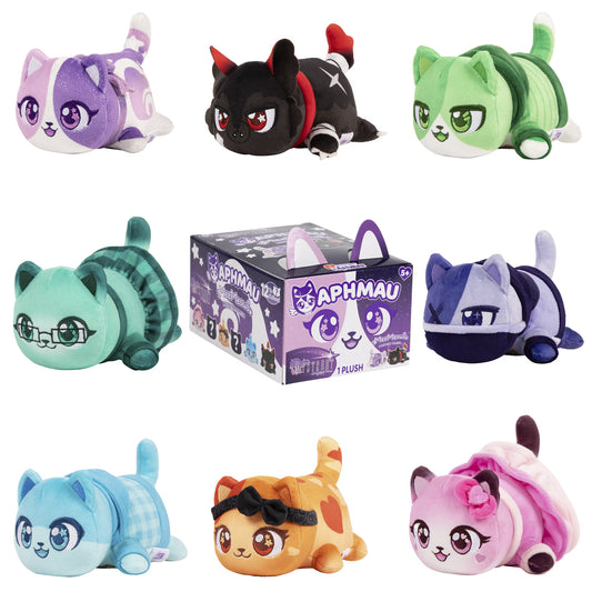 Officially licensed Aphmau My Street 6-inch mystery MeeMeow plush blind box and a collection of 8 colorful character cat plushies.