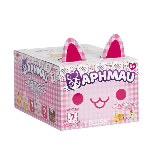 Officially licensed Aphmau Series 10 Bakery Theme 6-inch mystery plush pink gingham blind box and a collection of dessert-inspired cat plushies.
