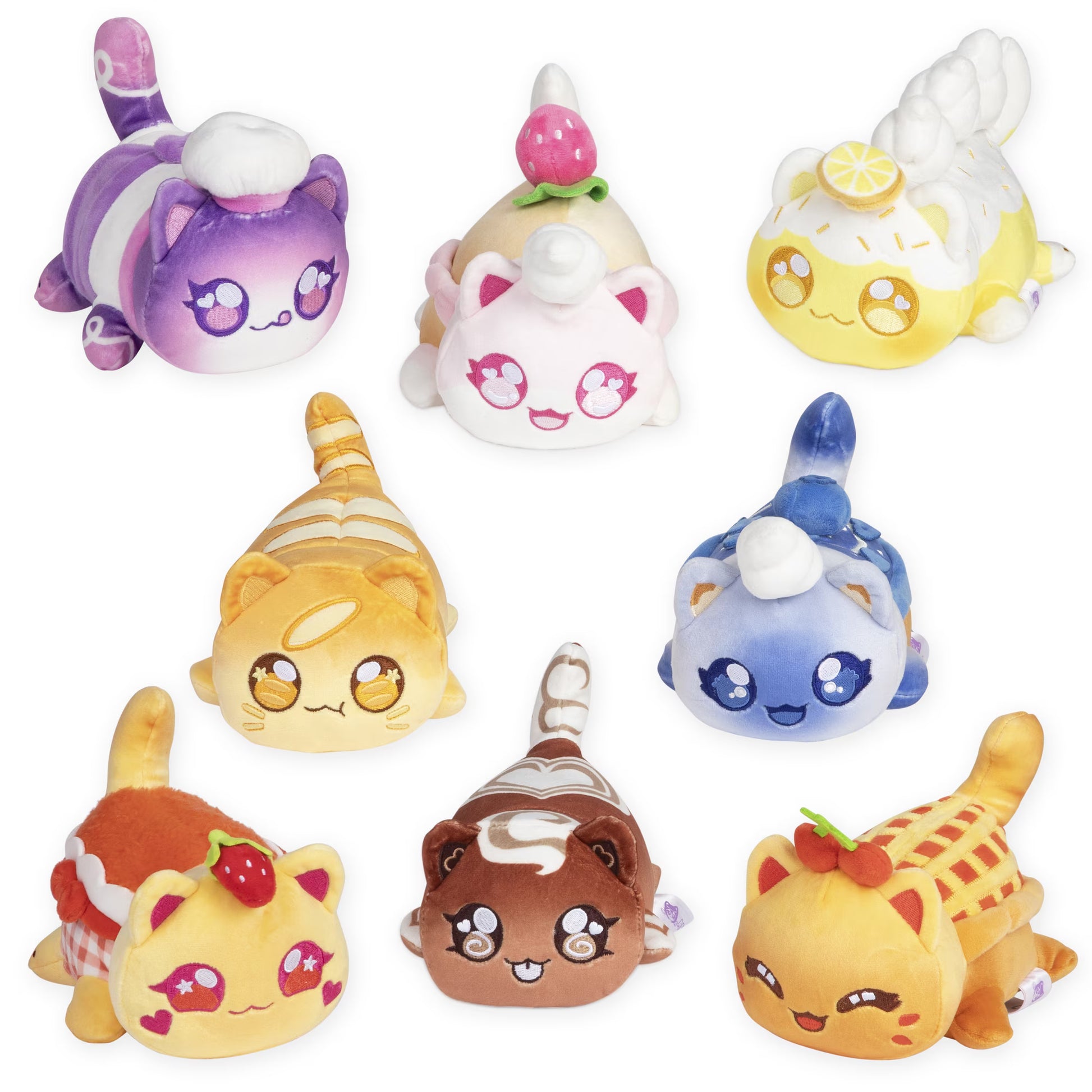 Officially licensed Aphmau Series 10 Bakery Theme 6-inch mystery plush pink gingham blind box and a collection of dessert-inspired cat plushies.