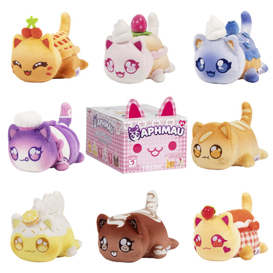 Officially licensed Aphmau Series 10 Bakery Theme 6-inch mystery plush pink gingham blind box and a collection of dessert-inspired cat plushies.