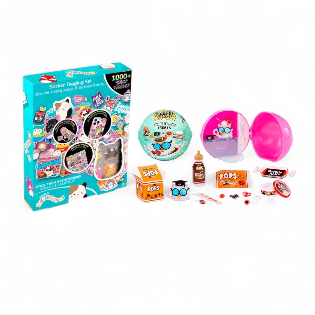 A box of Squishmallows stickers and a Miniverse Tootsie Roll mini DIY set.