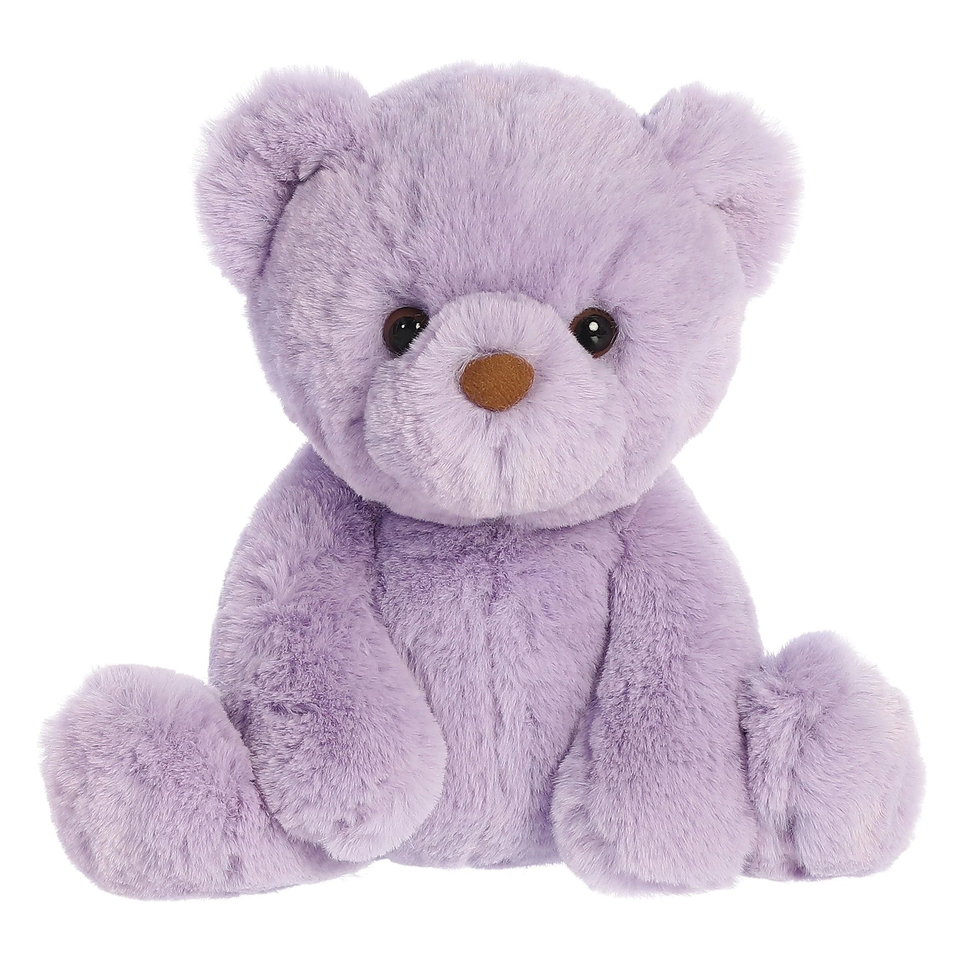 Product view of Aurora Gelato Bear Lavender, a soft purple teddy bear with a fluffy texture and brown nose.