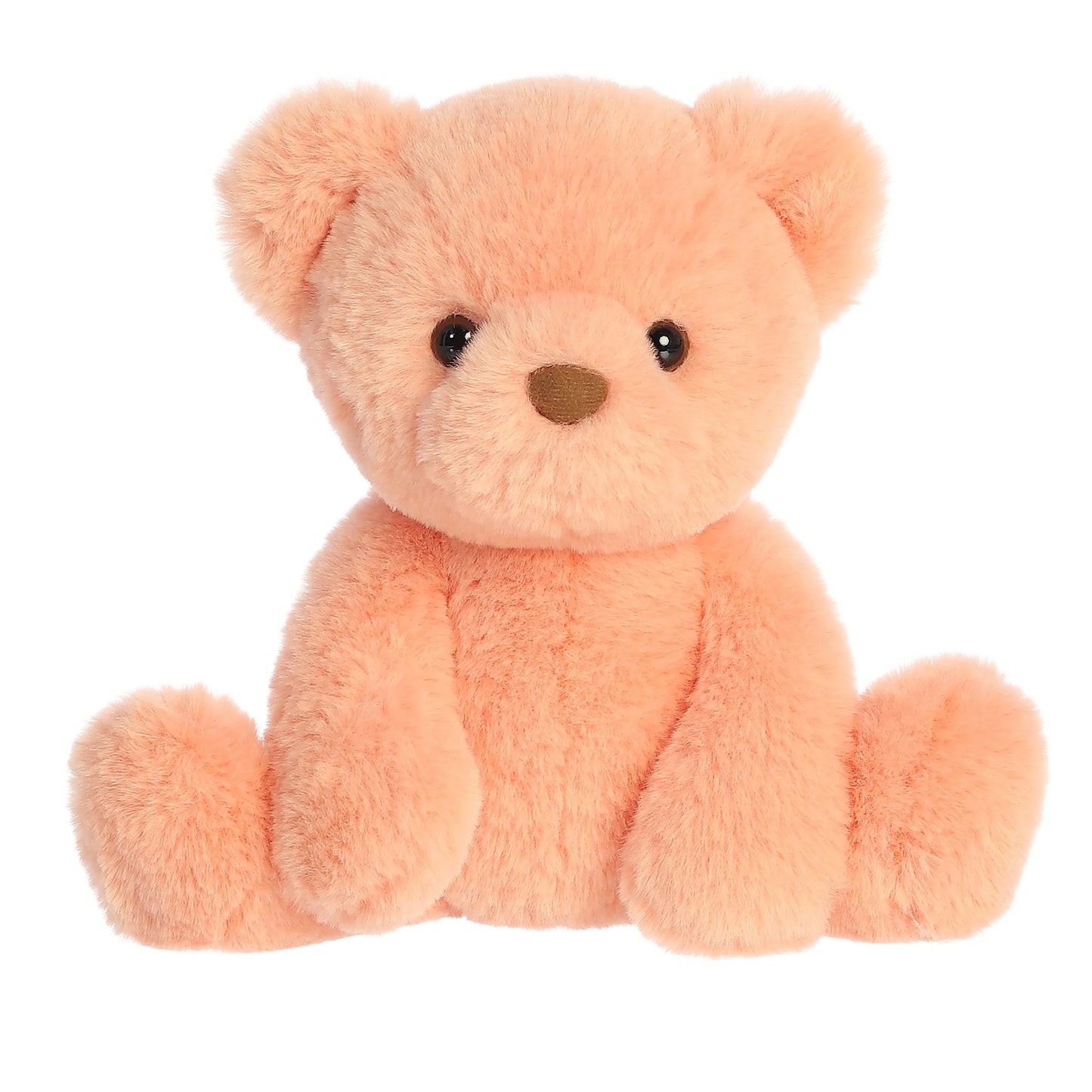 Product view of Aurora Gelato Bear Mango, a soft peach-orange teddy bear with a fluffy texture and brown nose.