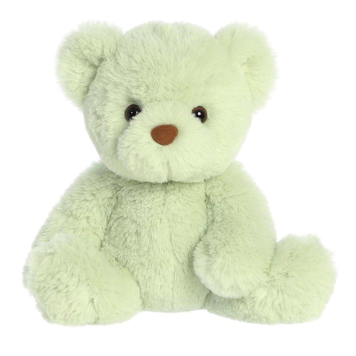 Product view of Aurora Gelato Bear Pistachio, a soft mint green teddy bear with a fluffy texture and brown nose.