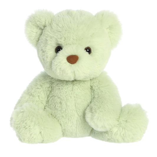 Product view of Aurora Gelato Bear Pistachio, a soft mint green teddy bear with a fluffy texture and brown nose.