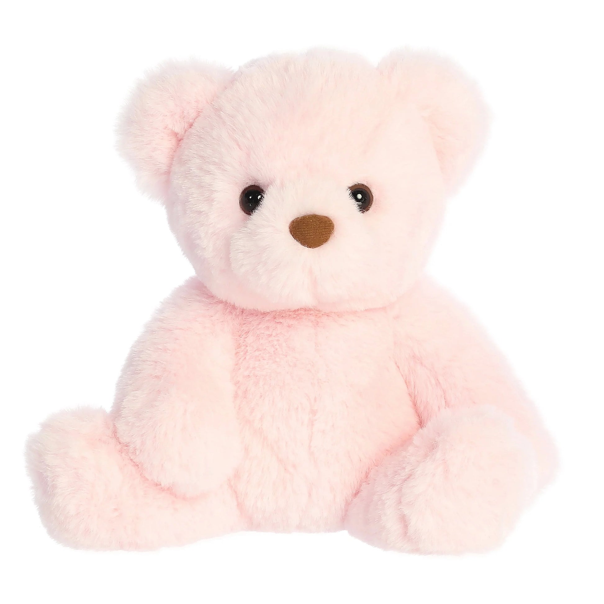 Product view of Aurora Gelato Bear Strawberry, a soft pink teddy bear with a fluffy texture and brown nose.