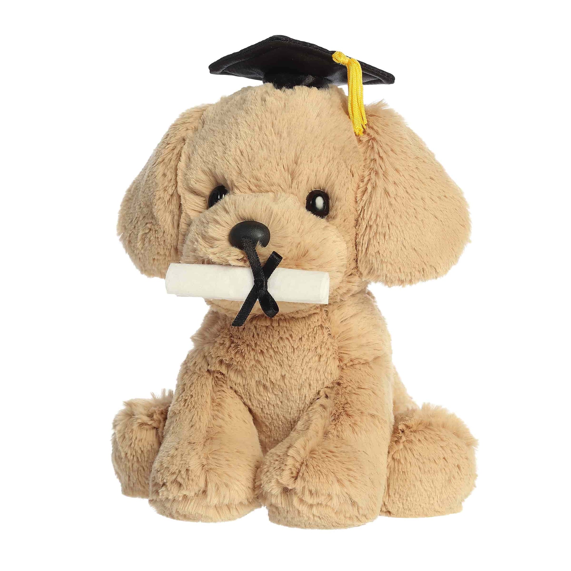 Angled view of Aurora Graduation Retriever Pup plush