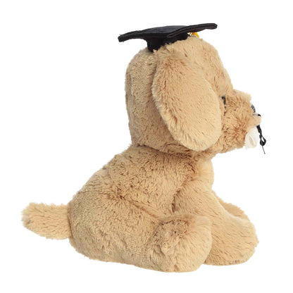 Plush dog toy with a graduation cap on a white background