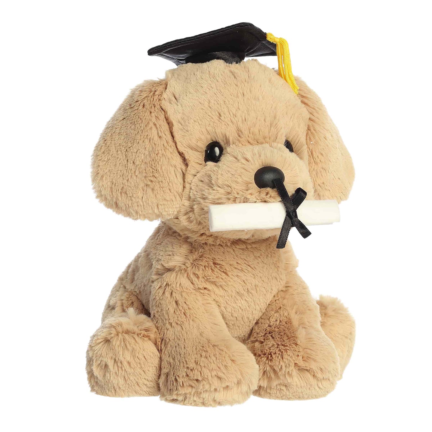 Plush dog toy with a graduation cap and diploma on a white background
