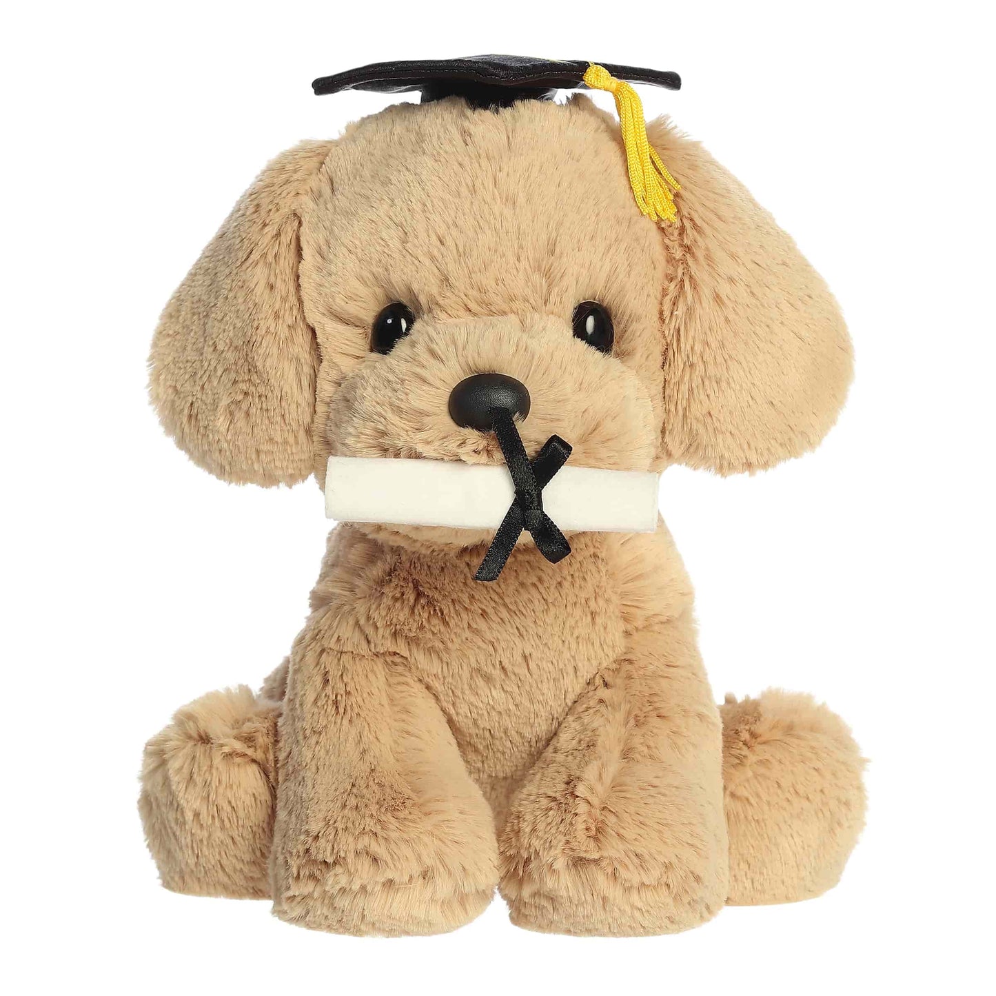Product view of Aurora Graduation Retriever Pup plush wearing a grad cap and holding a diploma in its mouth.