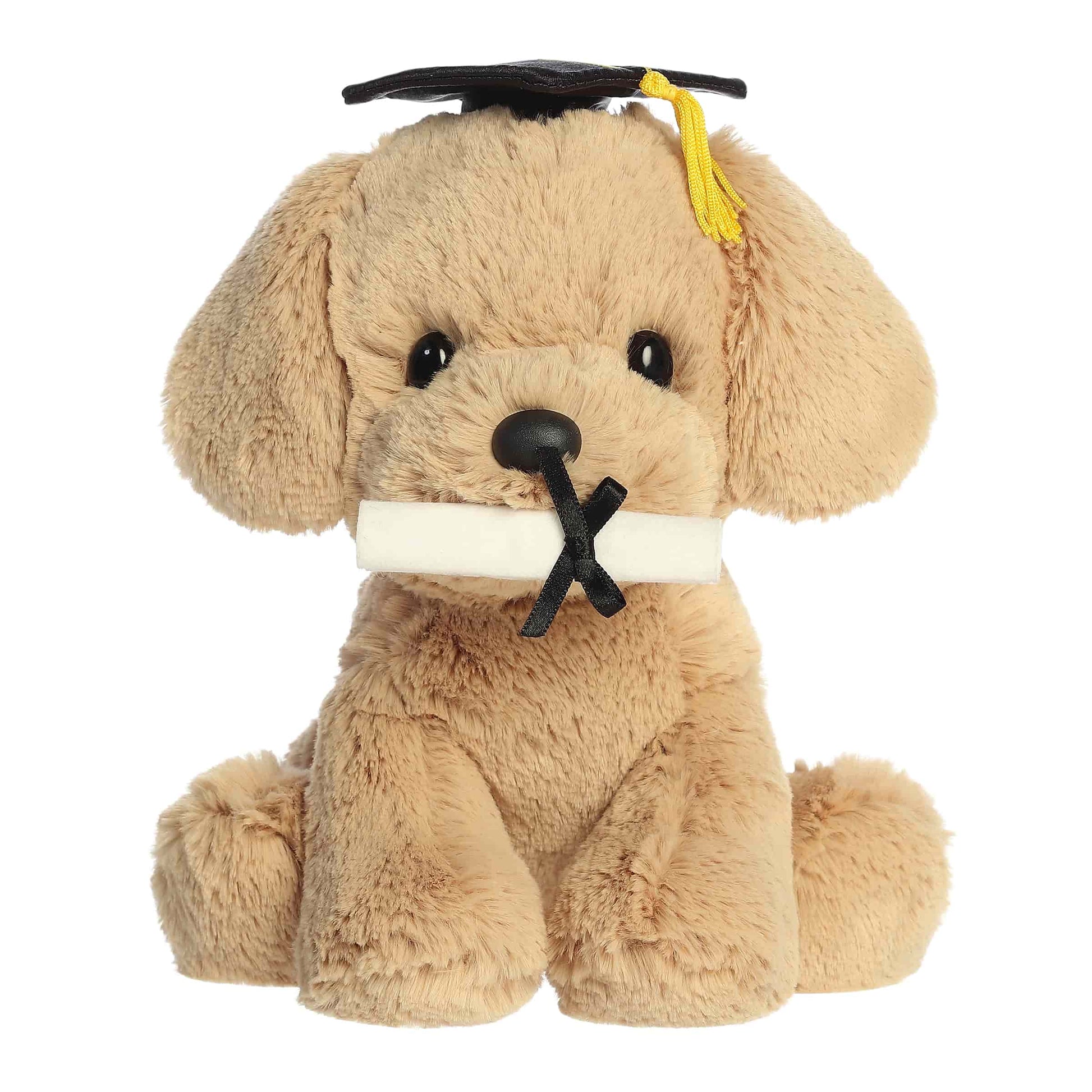Product view of Aurora Graduation Retriever Pup plush wearing a grad cap and holding a diploma in its mouth.