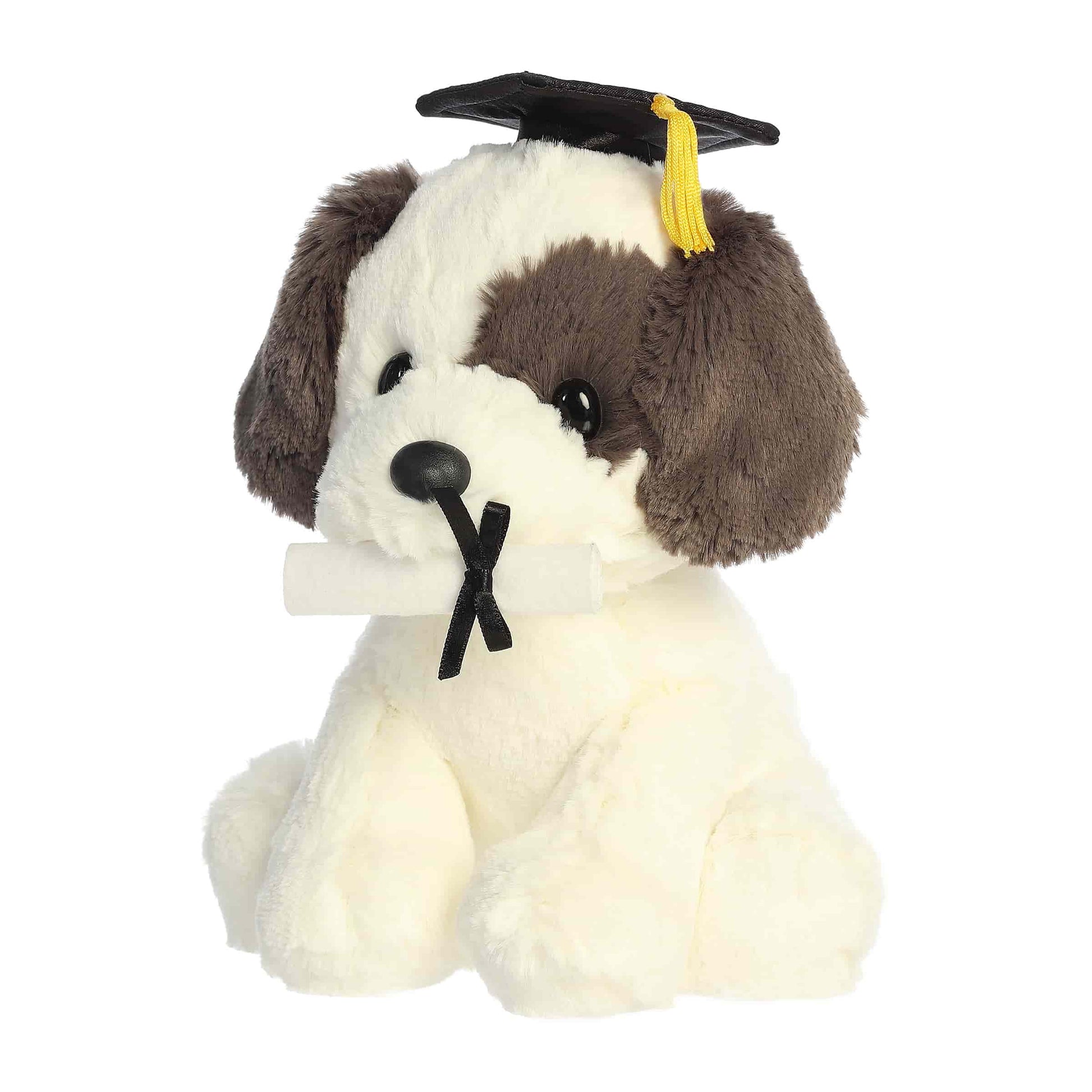 Angled view of Aurora Graduation Terrier Pup plush