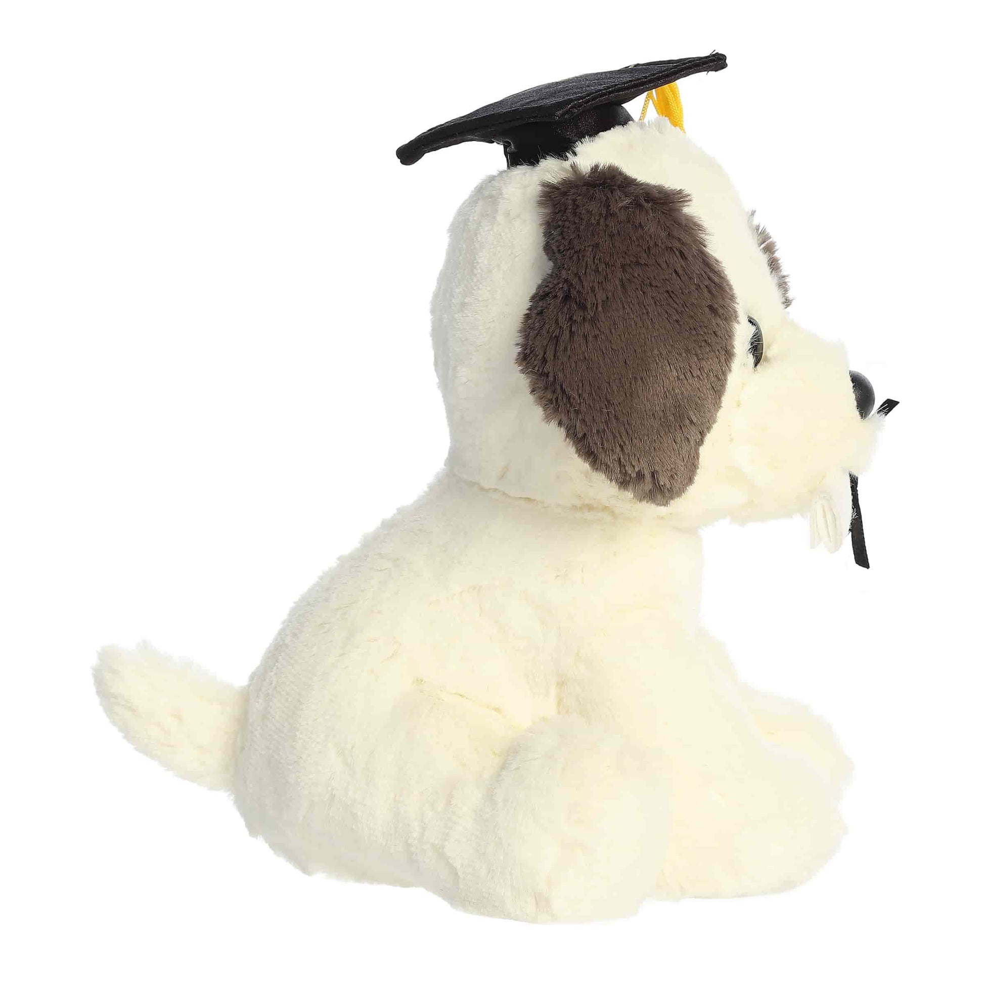 Side view of Aurora Graduation Terrier Pup plush