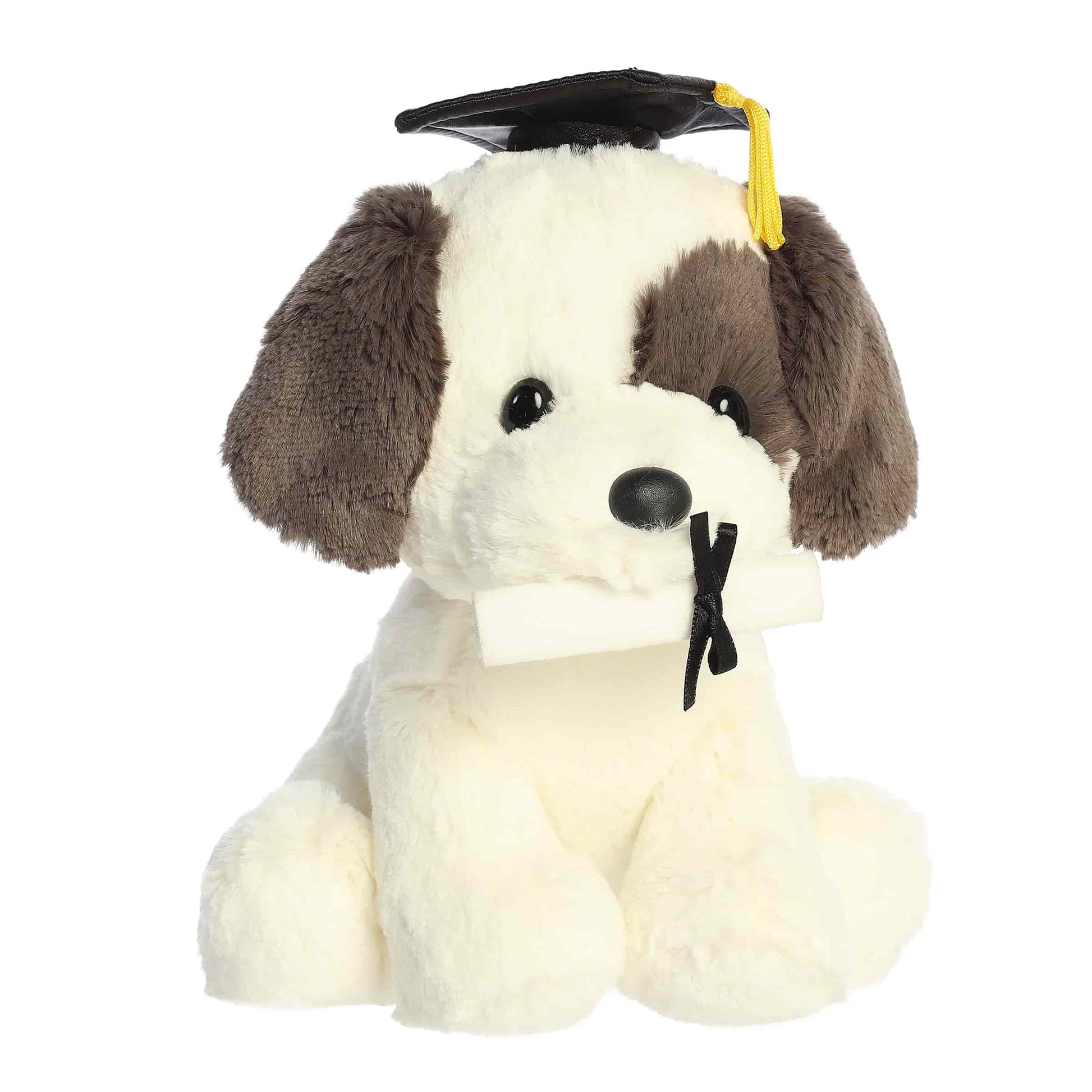 Angled  view of Aurora Graduation Terrier Pup plush