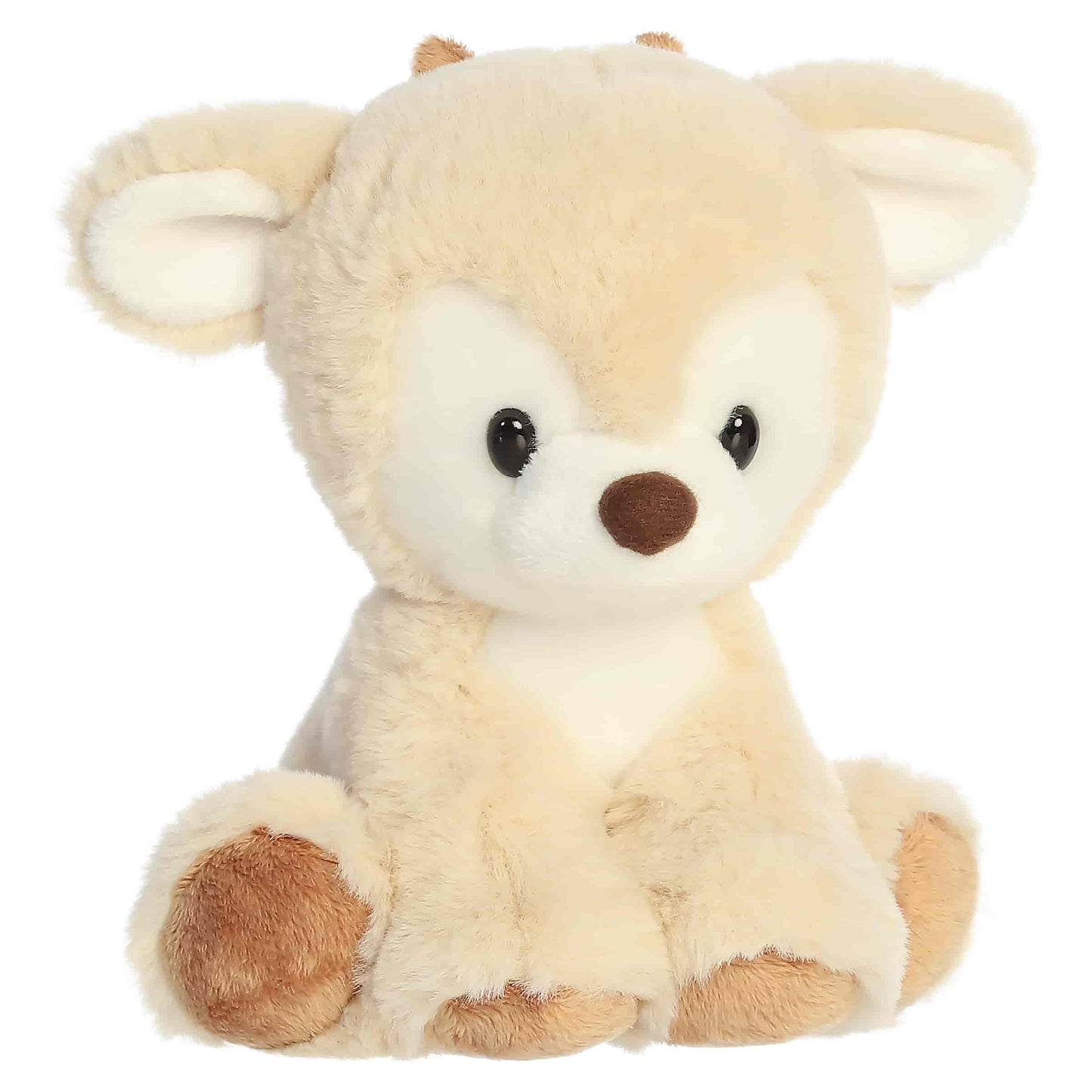 Aurora Dashing Reindeer plush in buttercream cream fur sitting upright with dark eyes, a brown nose, and brown hooves.