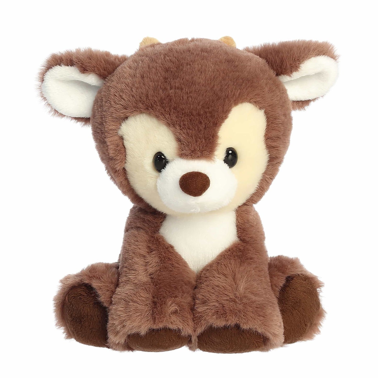 Aurora Holiday Dashing Reindeer Plush in Cocoa Brown sitting upright with soft white chest fur.