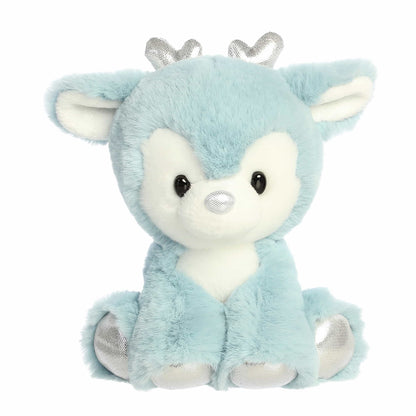 Aurora Dashing Reindeer plush in winter blue fur featuring silver metallic antlers, a silver nose, and silver hooves.
