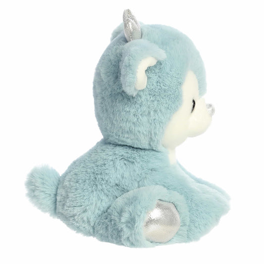 Aurora Dashing Reindeer plush in winter blue fur featuring silver metallic antlers, a silver nose, and silver hooves.