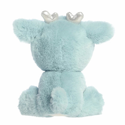 Aurora Dashing Reindeer plush in winter blue fur featuring silver metallic antlers, a silver nose, and silver hooves.