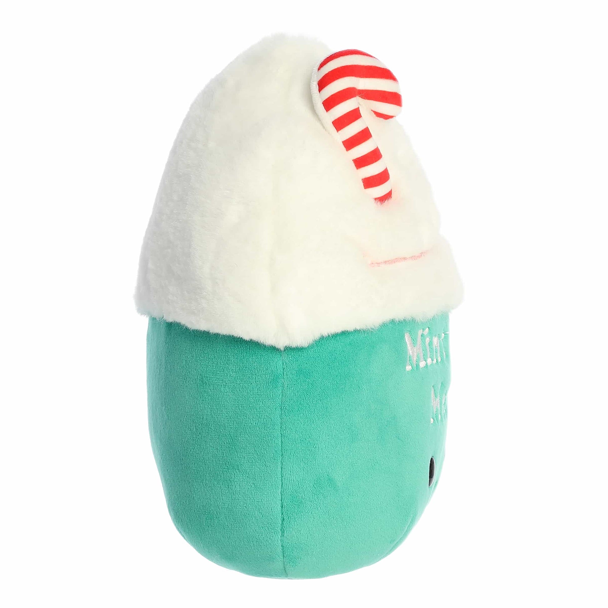 Side of Mint to Be Merry plush with candy cane and whipped cream topper

