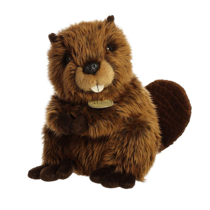 Aurora Miyoni Beaver lifelike plush stuffed animal sitting with a furry brown coat, a long tail, and prominent white front teeth.